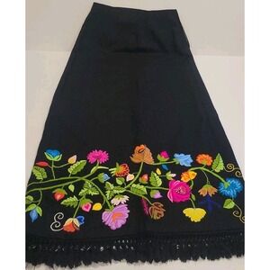 Vintage 70s Wool Maxi Skirt Black Hand Embroidered Flowers Ecuador Small Women